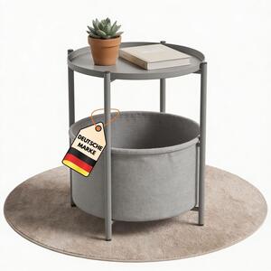 Tavolino rotondo NINA in metallo grigio, Ø 45 cm, con cestino portaoggetti; piano utilizzabile come vassoio; tavolino con ripiano - tavolino da salotto, tavolino da divano, tavolino da giardino con cestino in tessuto, smontato