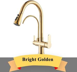 Rubinetto da cucina con filtro dell'acqua - Miscelatore a due manopole per lavello - Acqua calda/fredda - Bocchetta girevole a 360° - Doccetta estraibile - Oro