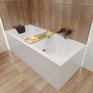 BADLAND vasca rettangolare Bagno Acrilico Bianco Esclusivo Moderno Quadro 165x75 + ripiano vasca Bamboo + scarico e piedini | BADLAND QUADRO