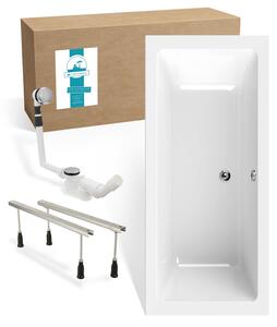 Set vasca da bagno rettangolare Calmwaters® 180x80 cm con piedini e set di scarico, vasca in acrilico Modern Select, vasca doppia con scarico centrale per due persone, set vasca da bagno completo, 180 x 80 cm, bianco, 99000296