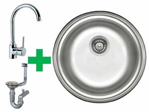 [Lavello in acciaio inox Ø 42 cm + rubinetto] Lavello da cucina bifacciale di alta qualità Lavello rotondo da incasso in acciaio inox Lavello in acciaio inox per basi da 45 cm incl. set di sifoni