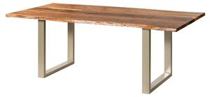 MASSIVMOEBEL24 | Tavolo da pranzo in legno di acacia e resina epossidica nera 160x90x76 laccato natur / gambe a U argento matt EPOXY