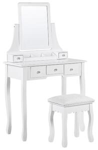 Comodino con 5 cassetti, specchio rettangolare e sgabello bianco RAYON