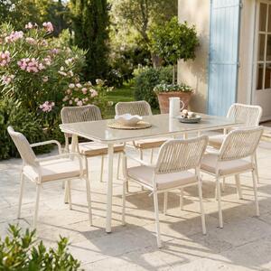 Set di mobili da giardino VOLONTE 1 tavolo 6 sedie, beige – Set di sedute resistente alle intemperie con piano in vetro e rivestimento in corda per giardino, terrazza, balcone