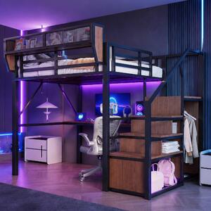 Letto a castello 140 x 200 cm con scrivania da 2 metri, barra luminosa LED, presa di corrente, scala di sicurezza e scaffale modulare, realizzato in metallo e MDF