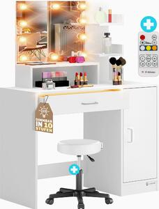 CASARIA® Tavolino da toilette Jocelyn con sgabello Illuminazione a LED cassetto specchio 3 ripiani make-up tavolo da toilette cosmetico cassettiera in legno bianco, Variante: con LED e sgabello