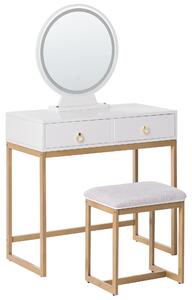BELIANI Tavolino da toilette in truciolato bianco e oro 4 cassetti con specchio LED sgabello stile glamour soggiorno camera da letto