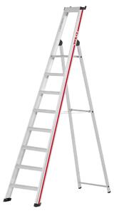 Scala a pioli Hymer con piattaforma, accessibile da un solo lato, 8 gradini, altezza verticale 2,49 m, altezza massima raggiungibile 3,84 m, peso 10,5 kg