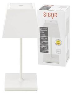 Sigor Nuindie Mini lampada da tavolo ricaricabile IP54 alluminio Easy Connect bianco neve angolare