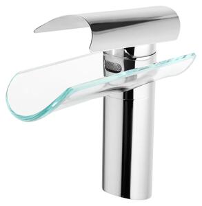 Rubinetto a cascata per bagno - Miscelatore monocomando - Bocchetta in vetro - Acciaio inossidabile e ottone - 2 tubi flessibili - Miscelatore a leva alta - Argento