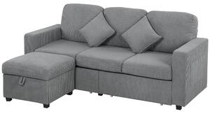 HOMCOM Divano a 3 Posti Contenitore con 2 Cassetti e Pouf in Velluto a Coste, 196x139x85 cm, Grigio Chiaro | Aosom Italy