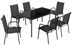 Outsunny Set da Esterno 7pz in Acciaio con 6 Sedie Impilabili in Texteline e Tavolino da Caffè con Piano in Vetro, Nero | Aosom Italy