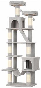 Tiragraffi per Gatti Grande Multilivello 60x48x204 cm con 8 Pali in Sisal 2 Casette e Amaca in Truciolare e Peluche Grigio Chiaro