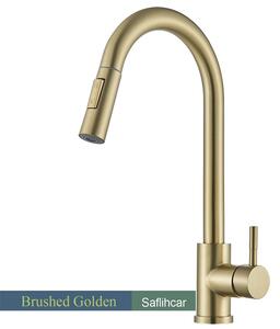 Miscelatore per cucina - Miscelatore estraibile per lavello - Bocchetta girevole flessibile a 360° - Miscelatore monocomando con controllo acqua calda/fredda - Installazione monoblocco - Acciaio inossidabile spazzolato - Finitura oro spazzolato