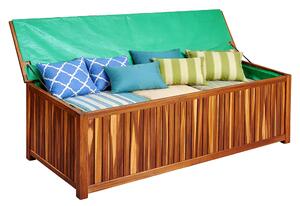 Relaxdays, scatola da giardino, cuscino per seduta, attrezzi, 60x115x50 cm, legno di acacia, rivestimento impermeabile, ideale per balcone, cassetta da giardino, stile naturale