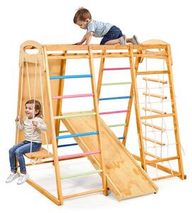 Struttura da gioco in legno per interni - Set di gioco Montessori 7-in-1 - Portata massima: 113 kg - Include: altalena, scivolo, scala, scala da corda, parete da arrampicata e rete da arrampicata