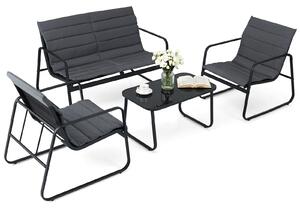 Set da giardino KOMFOTTEU, composto da 4 pezzi: un set per conversazioni da esterno con 3 sedie imbottite e un tavolino in vetro temperato, ideale per balconi, terrazzi, cortili e giardini. La struttura è in metallo