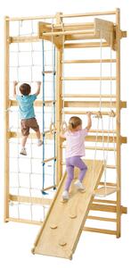 Pannello di arrampicata svedese per bambini - Struttura da interno multifunzione 8-in-1 - 12 scalini - Legno massello - Portata massima 100 kg - Include scivolo, altalena, anelli da ginnastica, pannello da arrampicata e barra per trazioni