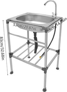 Lavello indipendente in acciaio inox - Vasca singola - Con rubinetto - Solo acqua fredda - Un foro - Per casa, ristorazione, lavanderia - Argento