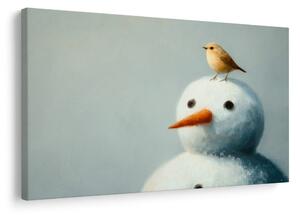 Quadro su tela – Pupazzo di neve natalizio con uccellino
