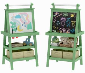 Lavagna per Bambini 59x48x118 cm a Gesso Magnetica e Rotolo di Carta in Legno Verde