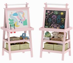 AIYAPLAY Lavagna per Bambini con Cavalletto 3 in 1, Rotolo di Carta e 2 Contenitori, in Legno, 59x48x118 cm, Rosa | Aosom Italy
