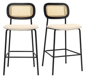 Sgabelli design in tessuto effetto velluto beige, metallo nero e canna di rattan (set di 2) MIRANDA