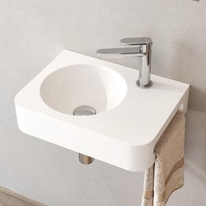 Lavabo in pietra Kronenbach, dimensioni 45 x 33 cm, posizionato a sinistra, con foro per il rubinetto e dotato di supporto per asciugamani