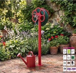 Fontana da Giardino con doppio Rubinetto e Porta tubo a Fiore Belfer Dimensioni 27x23x105 cm - peso 6,5 kg design, colore rosso