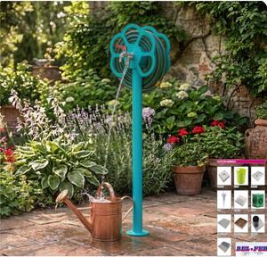 Fontana da Giardino con doppio Rubinetto e Porta tubo a Fiore Belfer Dimensioni 27x23x105 cm - peso 6,5 kg design, colore Turchese