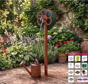 Fontana da Giardino con doppio Rubinetto e Porta tubo a Fiore Belfer Dimensioni 27x23x105 cm - peso 6,5 kg design, colore Ruggine