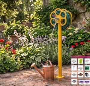 Fontana da Giardino con doppio Rubinetto e Porta tubo a Fiore Belfer Dimensioni 27x23x105 cm - peso 6,5 kg design, colore Giallo