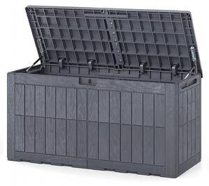 KOMFOTTEU - Contenitore resistente alle intemperie da 380 litri, scatola di stoccaggio con coperchio, dotata di ammortizzatori a gas e maniglie, 2-in-1: panchina da esterno e contenitore per cuscini, attrezzi da giardino e accessori per la piscina