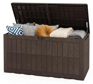 KOMFOTTEU - Contenitore resistente alle intemperie da 455 litri, scatola di stoccaggio con coperchio, dotata di ammortizzatori a gas e maniglie, 2-in-1: panchina da esterno e contenitore per cuscini, attrezzi da giardino e accessori per la piscina