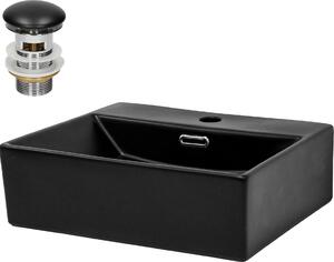 Lavabo LuxeBath Lavabo da appoggio Square, 41,5x36x13 cm, nero, in Vetroceramica, incl. set di scarico con troppopieno