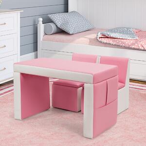 Costway Set tavolo e sedia multifunzionale per bambini, Divano poltrona per bambini in PVC e legno Rosa e bianco