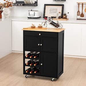Costway Carrello da cucina con portabottiglie a 3 livelli e cassetto, Isola da cucina con superficie in legno Nero