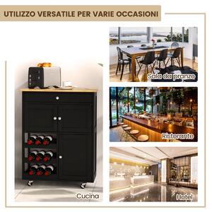Costway Carrello da cucina con portabottiglie a 3 livelli e cassetto, Isola da cucina con superficie in legno Nero