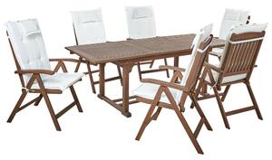 Set da giardino con 6 sedie in legno di acacia marrone scuro con schienale regolabile pieghevole in stile rustico con cuscini bianco sporco Beliani