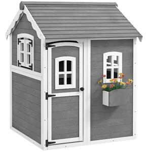 Outsunny Casetta per Bambini 3-8 Anni con 6 Finestre e Fioriera, in Legno di Abete, 104.5x110x137 cm, Grigia|Aosom