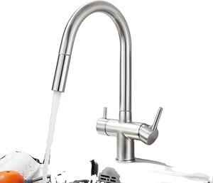Rubinetto da cucina estraibile Clean Water, doppia maniglia, montaggio a ponte, cartuccia in Vetroceramica, nichel spazzolato