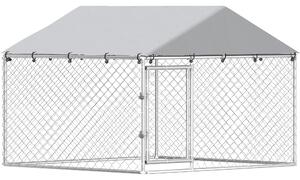 PawHut Recinto per Cani da Esterno in Acciaio Zincata con Tetto in PE, Anti-UV, Impermeabile, Doppia Chiusura, Argento | Aosom Italy