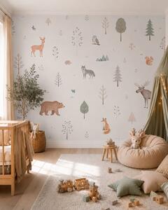Carta da parati Animali della foresta e alberi su uno sfondo chiaro, Carta da parati per Bambini, w05864 : Uwalls.it