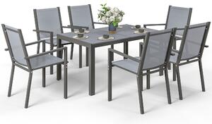 Outsunny Set Tavolo da Pranzo Rettangolare e 6 Sedie Impilabili per Giardino, Grigio Chiaro | Aosom Italy
