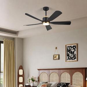 Ventilatore da soffitto ZELURXX con LED, 132 cm (52 pollici), 5 pale, tutto nero, in ABS, reversibile, controllabile tramite app, dimmerabile, silenzioso, a risparmio energetico, per estate e inverno
