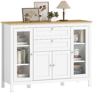 HOMCOM Mobile Cucina con 2 Cassetti e 3 Armadietti, Ante in Vetro e Ripiani Regolabili, 120x40x90 cm, Bianco e Rovere | Aosom Italy