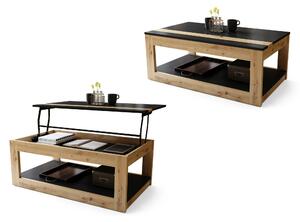 LUSSO Nero Opaco/Rovere Artisan - MODERNO TAVOLINO CON PIANO SOLLEVABILE + PORTAOGGETTI + MENSOLA (CON ROTELLE!)
