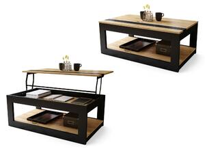 LUSSO Rovere Artisan/Nero Opaco - MODERNO TAVOLINO CON PIANO SOLLEVABILE + PORTAOGGETTI + MENSOLA (CON ROTELLE!)