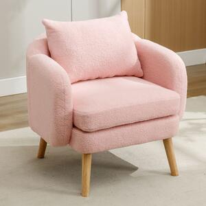 Poltrona Relax Moderna in Velluto Teddy con Cuscino, Seduta Extra Spessa, Struttura in Legno Massello,71x72x71cm - Poltroncina da Salotto, Rosa