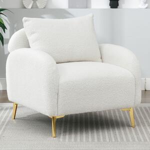 Poltroncina da Salotto in Velluto Teddy Moderna e Semplice con Cuscino, Struttura in Legno Massiccio e Gambe in Metallo Dorato, 75,5x75x81 cm, Bianco